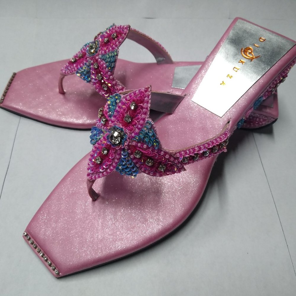 DIKUZA Rhinestone Ornate Heeled Pink Sandals